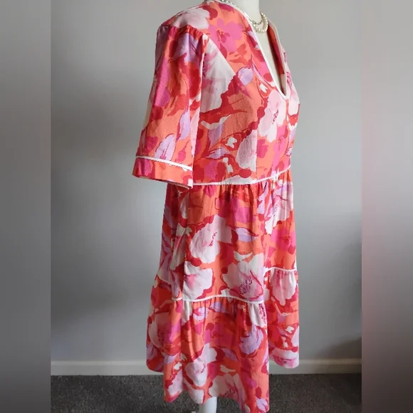 Vince Camuto Linen Blend Tropical Print Pink Orange Floral Easy Dress Size 4 - Picture 7 of 16